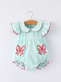 Cotton Blend Striped Baseball Bow Applique Girls Romper