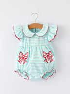 Cotton Blend Striped Baseball Bow Applique Girls Romper