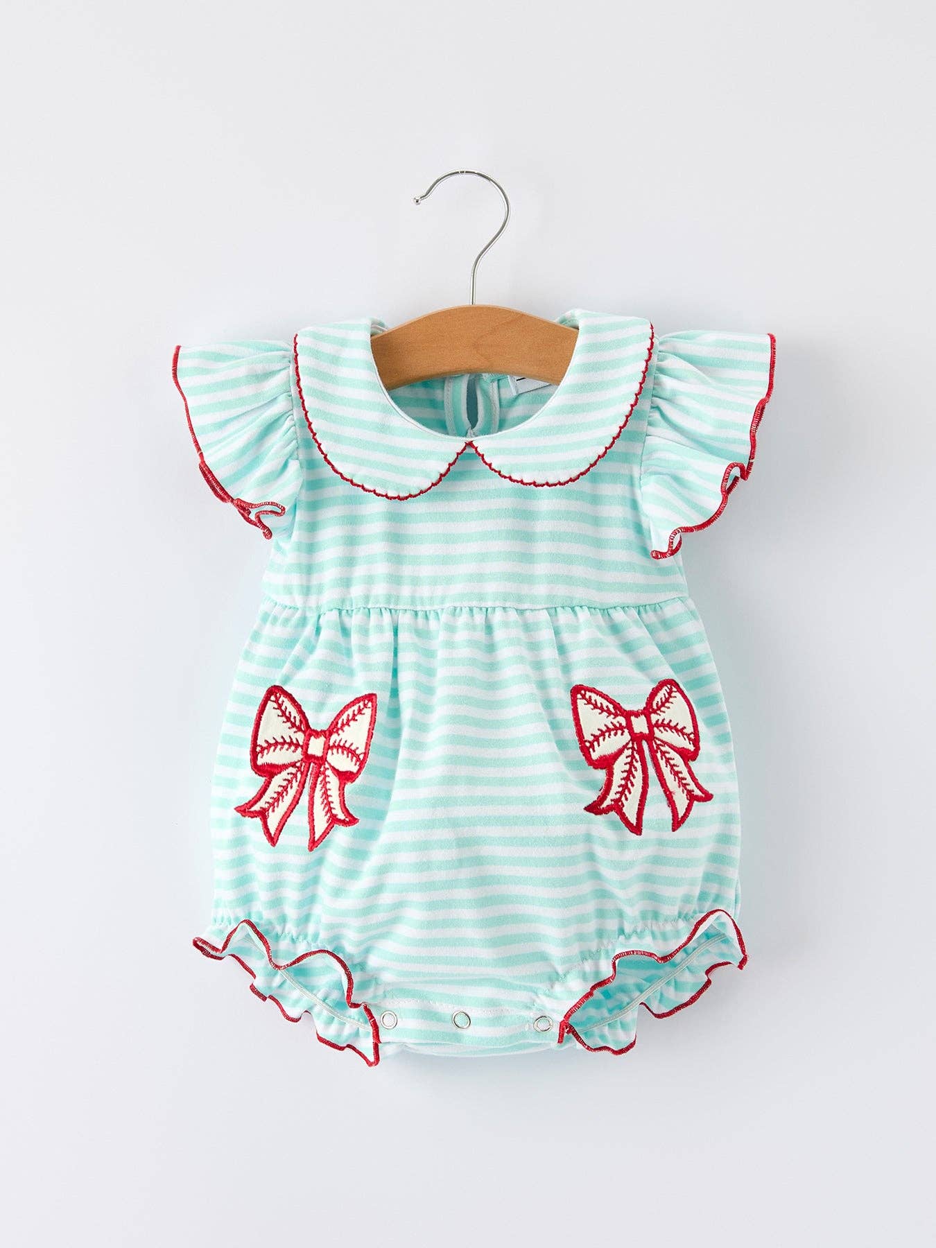 Cotton Blend Striped Baseball Bow Applique Girls Romper