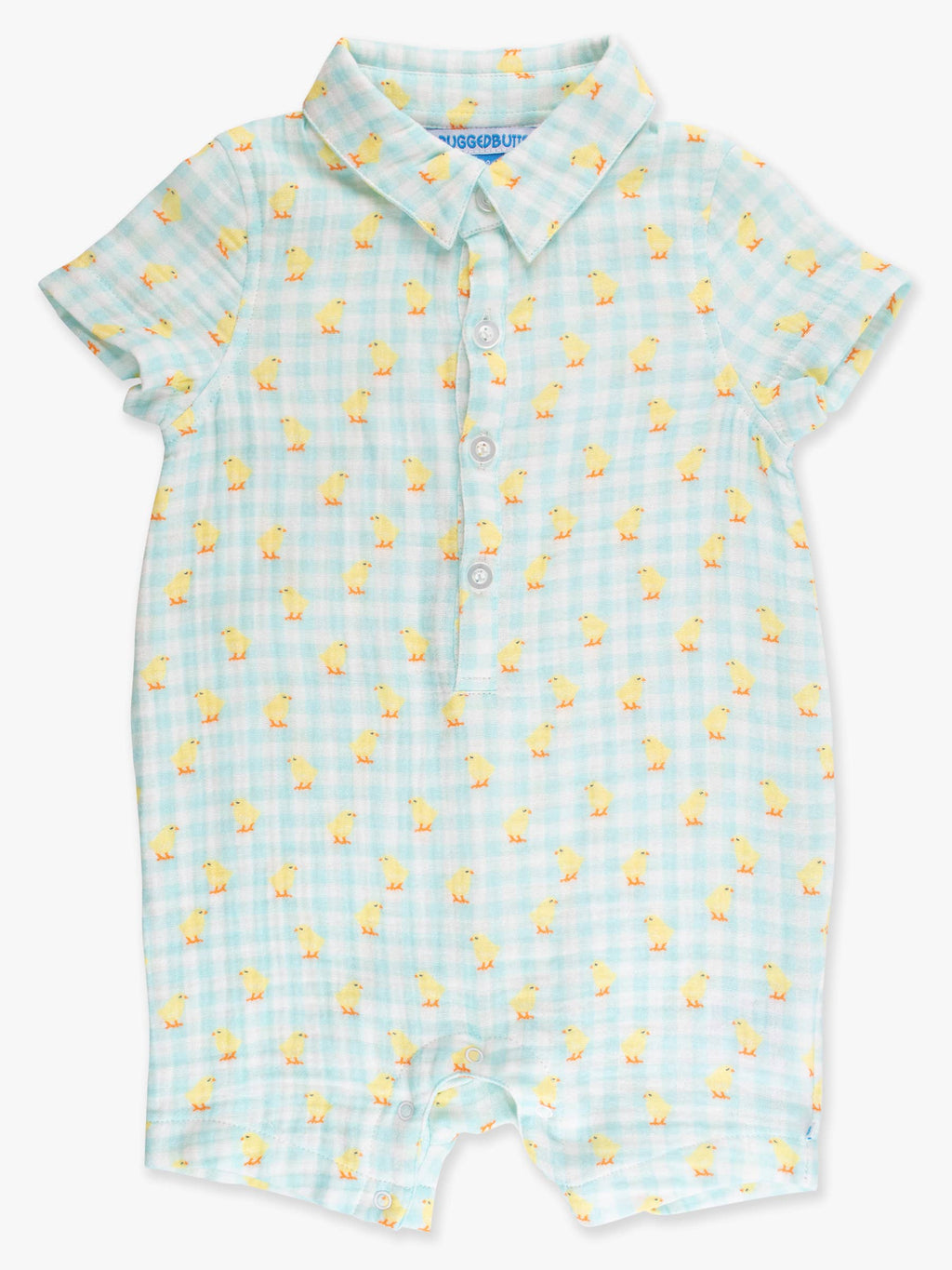 100% Cotton Gauze Blue Gingham Chick Print Button-Up Baby Romper