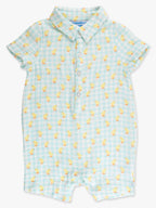 100% Cotton Gauze Blue Gingham Chick Print Button-Up Baby Romper