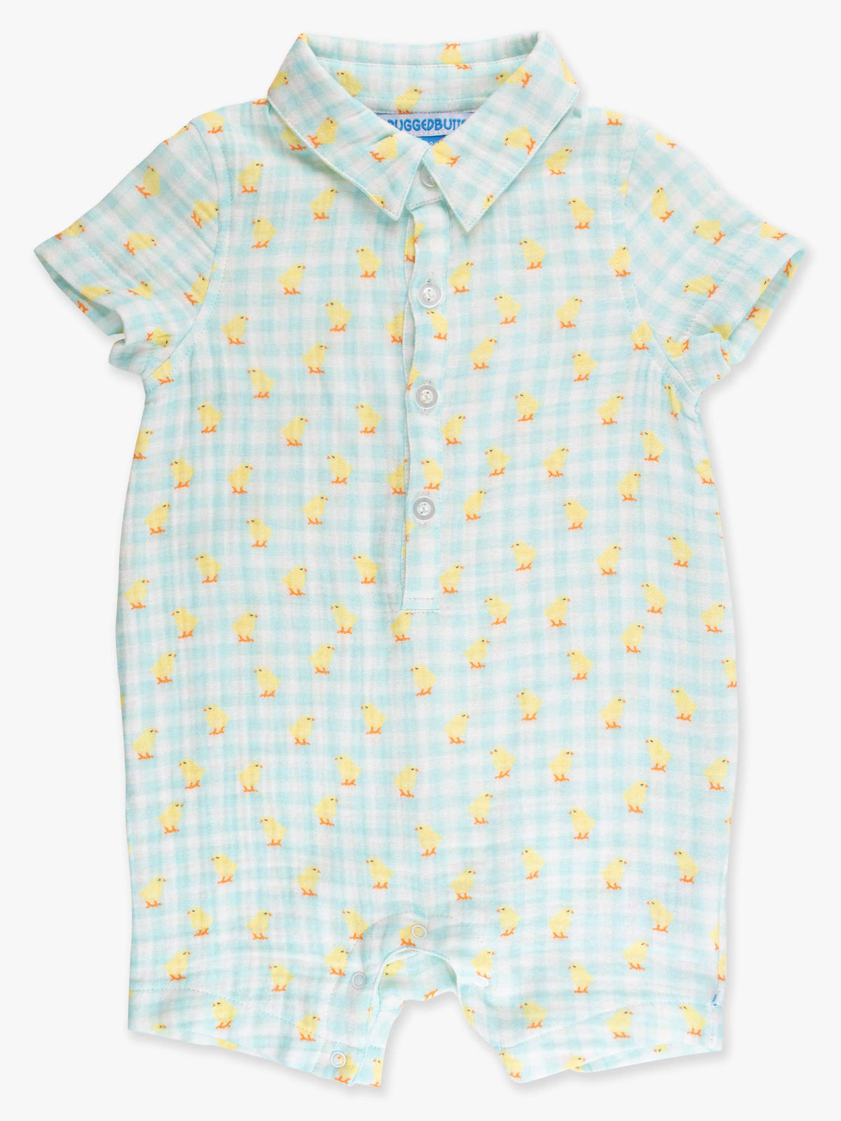 100% Cotton Gauze Blue Gingham Chick Print Button-Up Baby Romper
