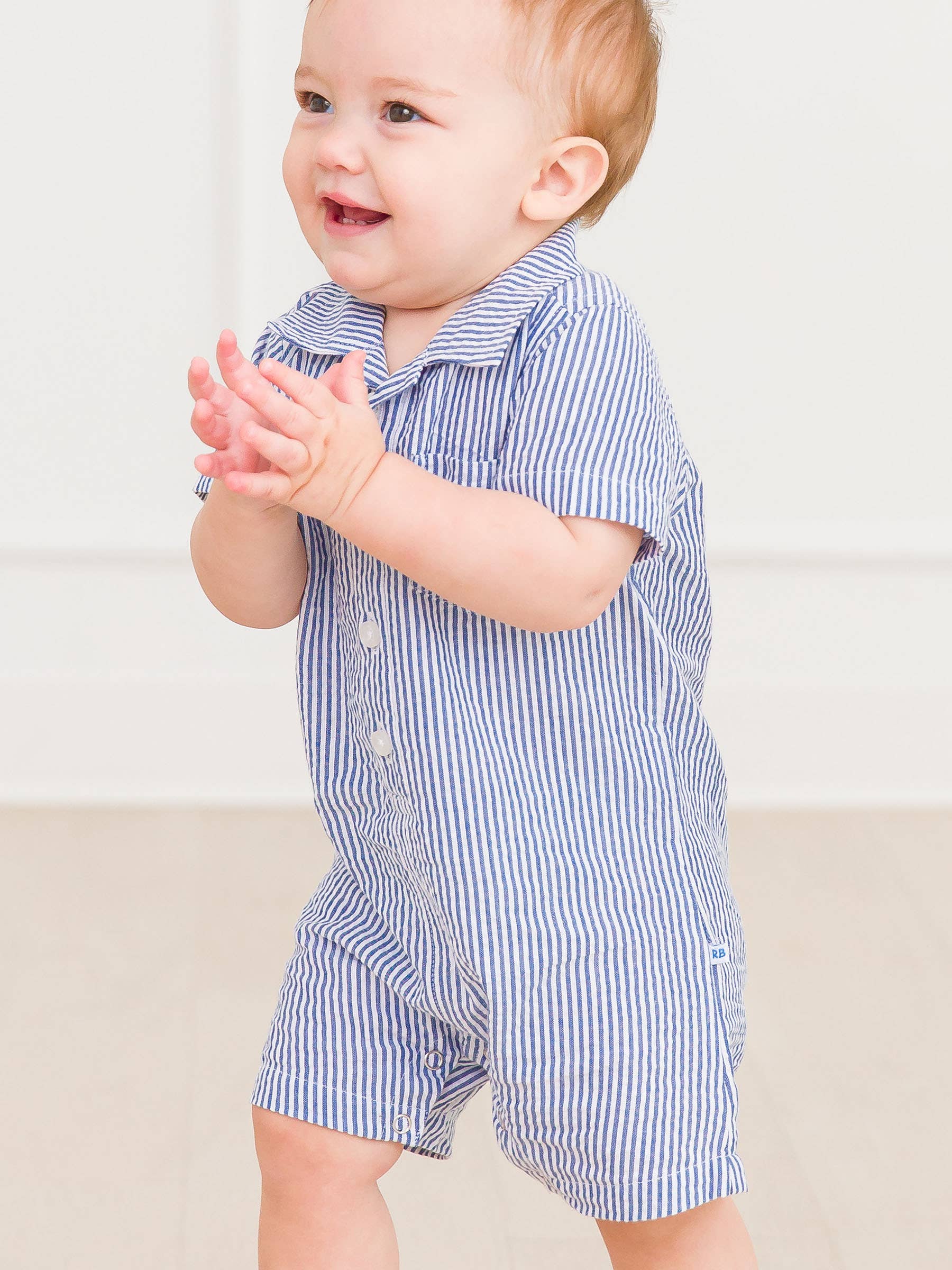 100% Cotton Blue Seersucker Button-Up Baby Romper