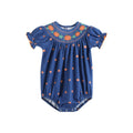 Cotton Knit Blue Pumpkin Smocked Baby Girl Romper