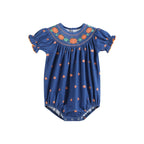 Cotton Knit Blue Pumpkin Smocked Baby Girl Romper