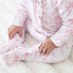 Bamboo-Spandex Pink Toile Ruffle Zipper Footie with Grips