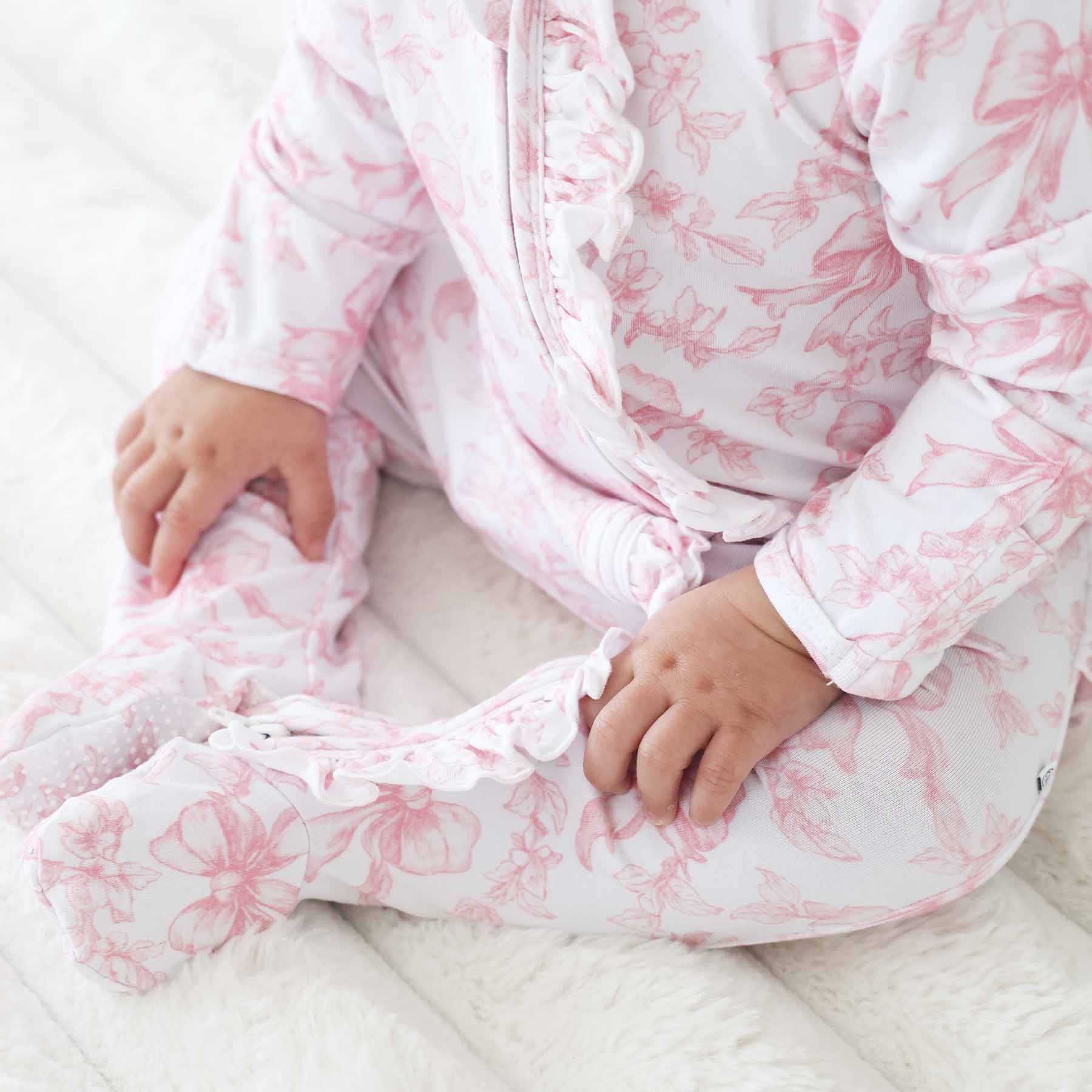Bamboo-Spandex Pink Toile Ruffle Zipper Footie with Grips