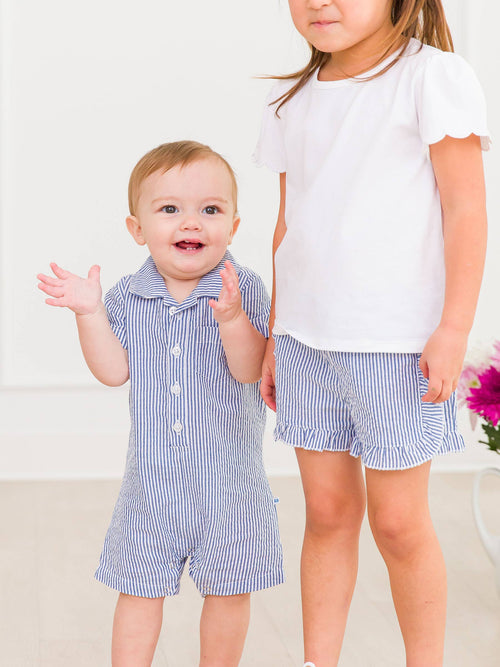 100% Cotton Blue Seersucker Button-Up Baby Romper