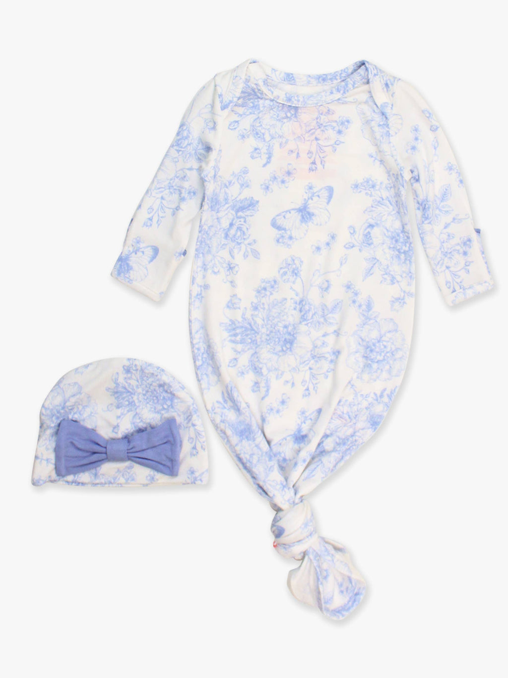 Bamboo-Spandex Periwinkle Butterfly Toile Ruffle Knotted Sleep Gown & Bow Hat Set Baby Girls