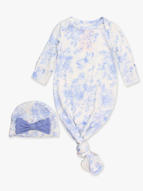 Bamboo-Spandex Periwinkle Butterfly Toile Ruffle Knotted Sleep Gown & Bow Hat Set Baby Girls