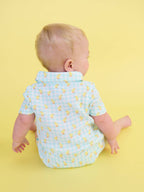 100% Cotton Gauze Blue Gingham Chick Print Button-Up Baby Romper