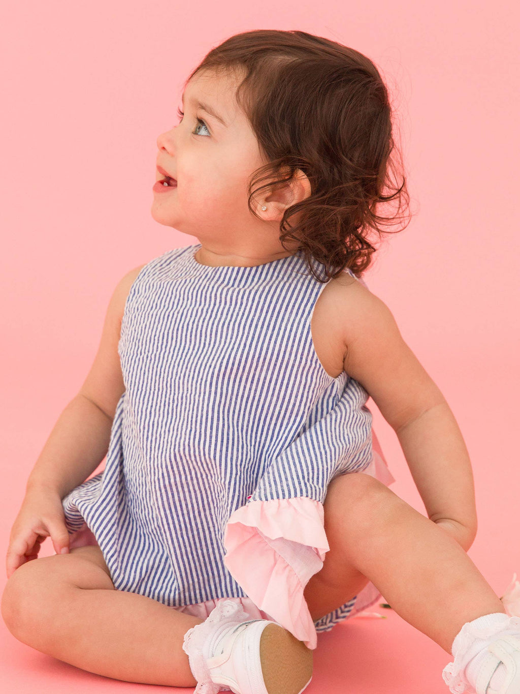100% Cotton Blue Seersucker Ruffle Swing Top & Bloomer Set