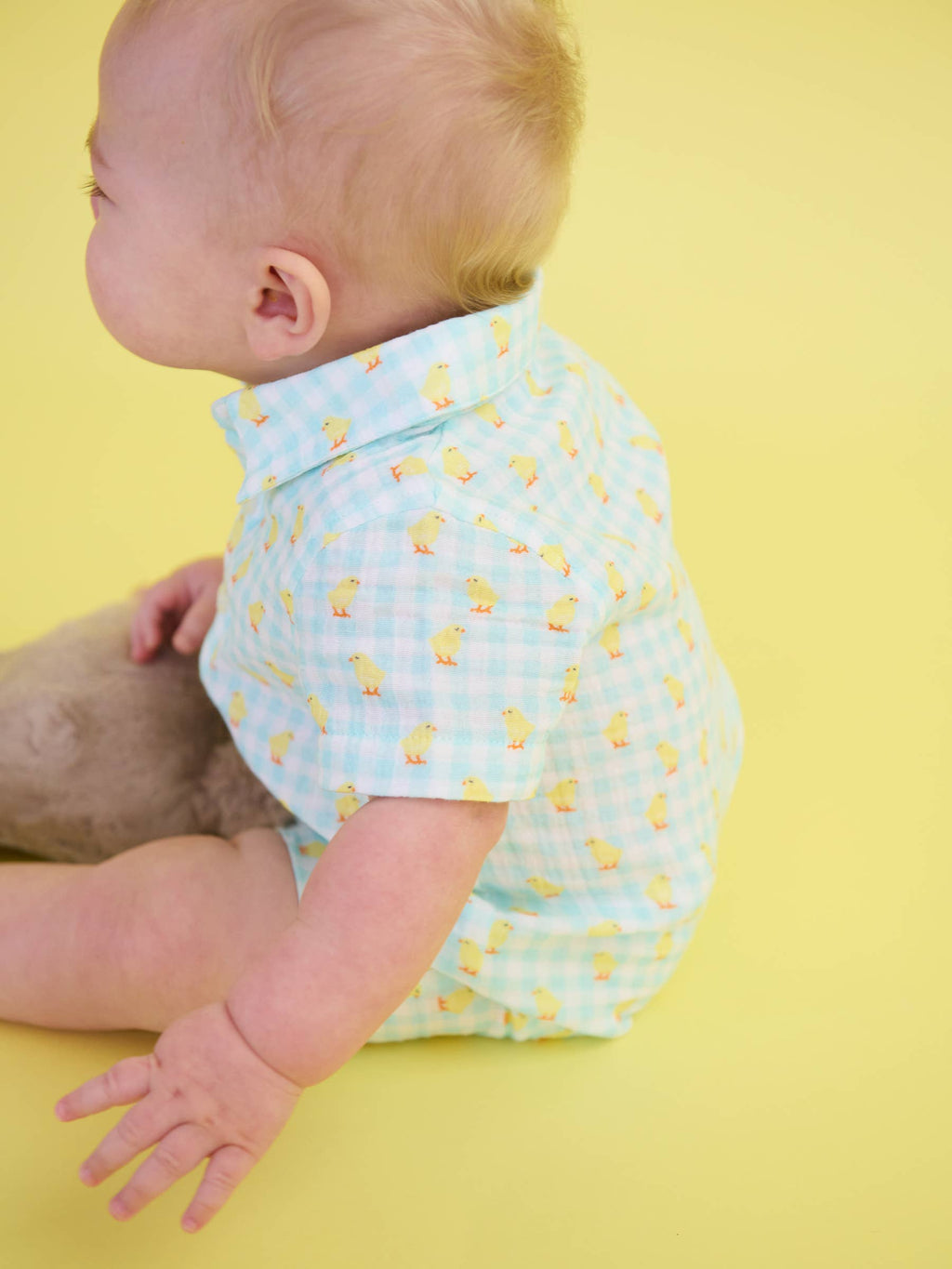 100% Cotton Gauze Blue Gingham Chick Print Button-Up Baby Romper