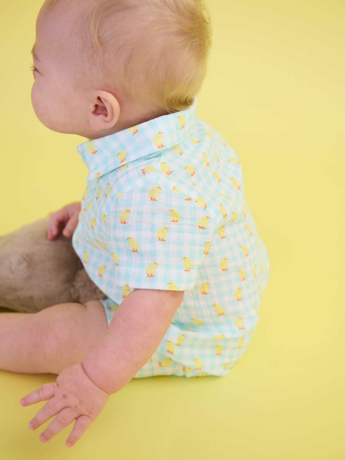 100% Cotton Gauze Blue Gingham Chick Print Button-Up Baby Romper
