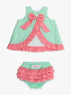100% Cotton Green Gingham Ruffle Swing Top & Bloomer Set