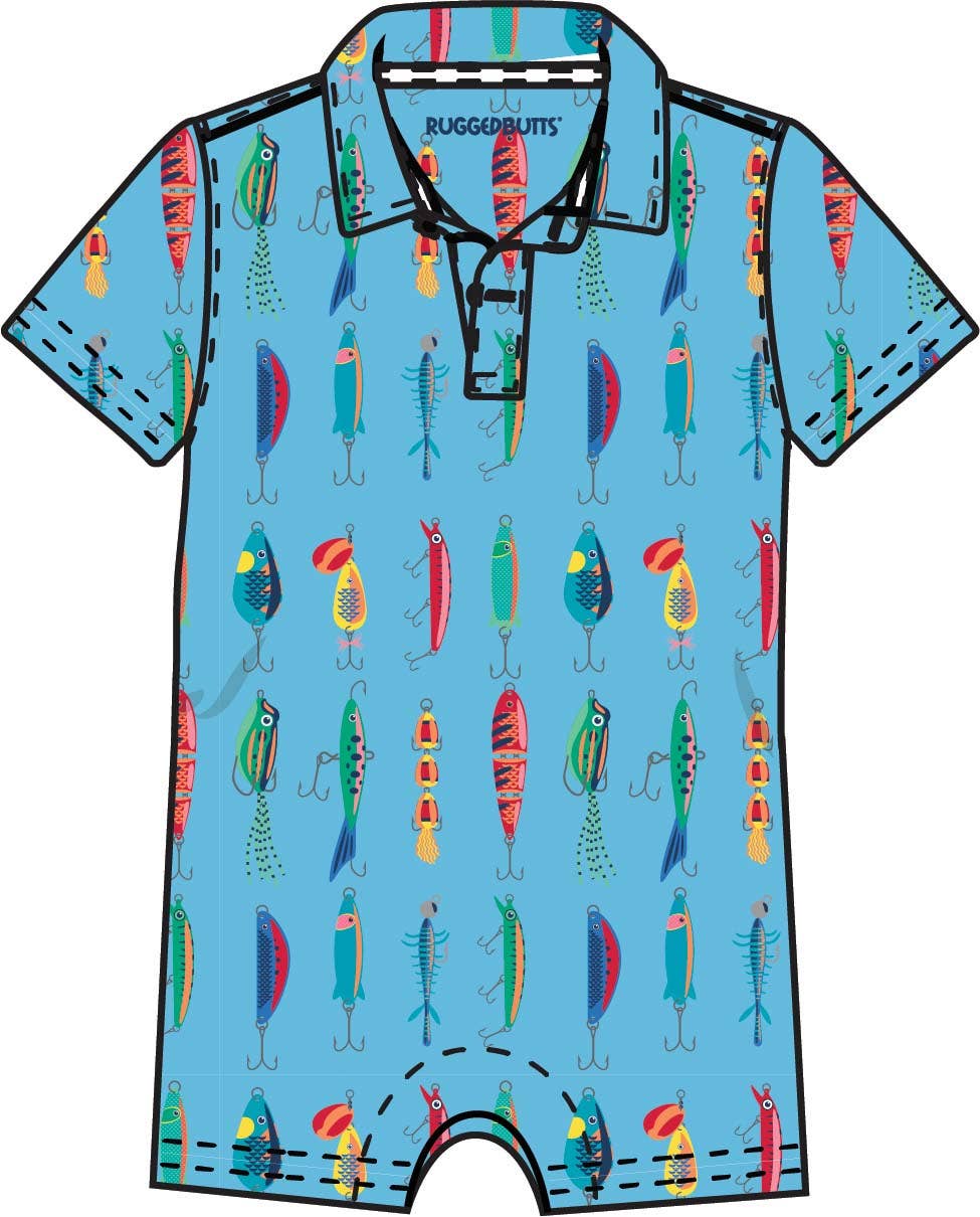 Polyester-Spandex Fishing Print Polo Baby Romper