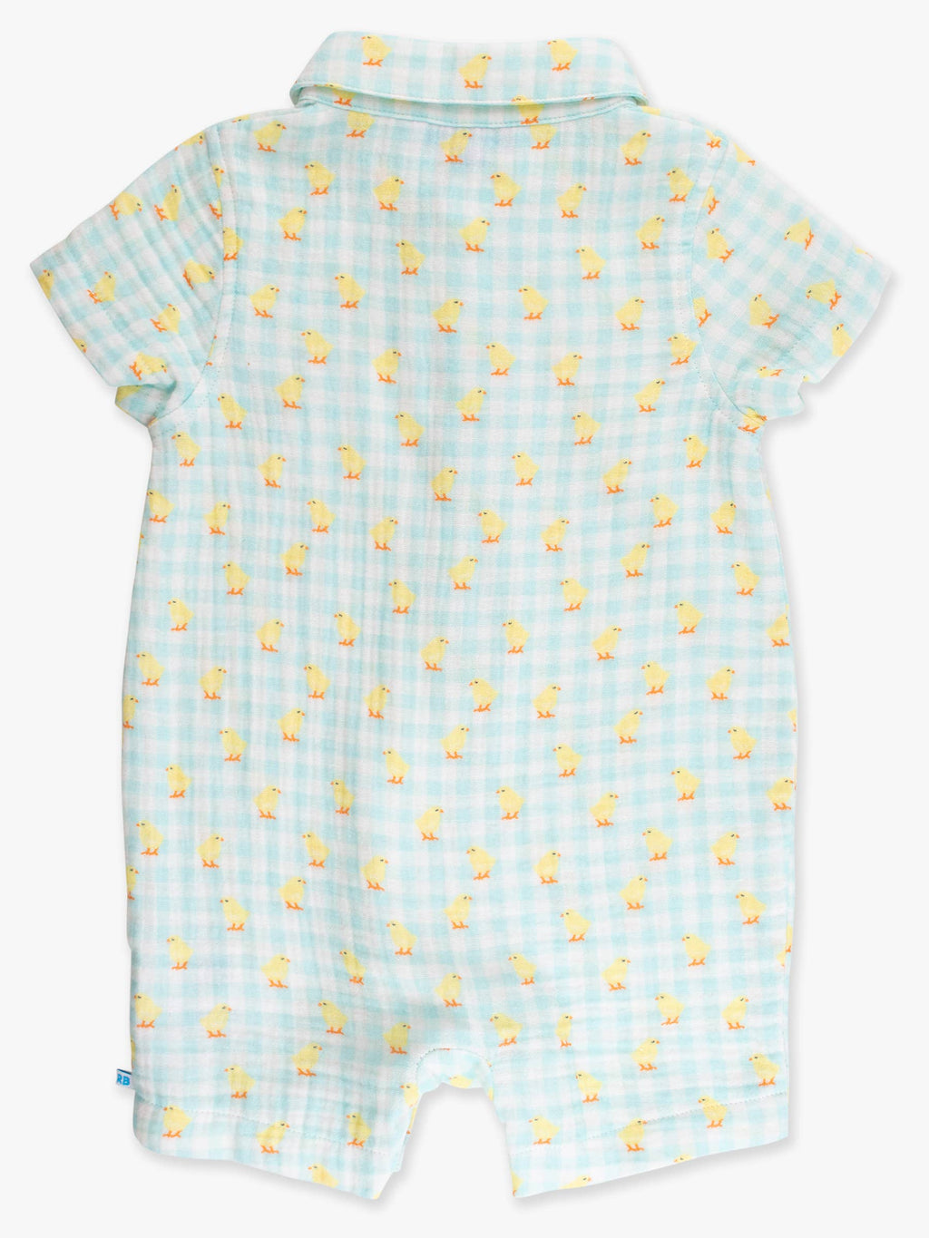 100% Cotton Gauze Blue Gingham Chick Print Button-Up Baby Romper