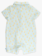 100% Cotton Gauze Blue Gingham Chick Print Button-Up Baby Romper