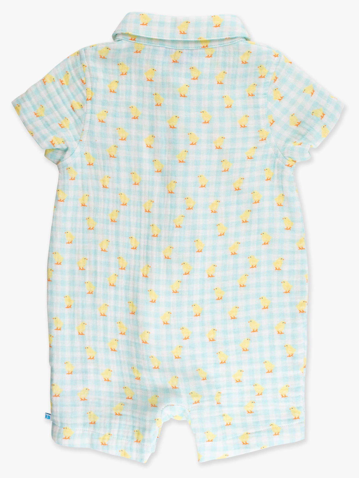 100% Cotton Gauze Blue Gingham Chick Print Button-Up Baby Romper