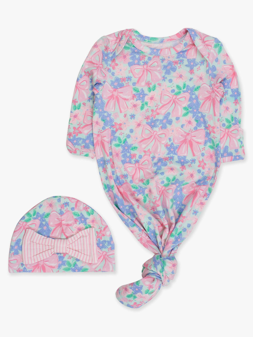 Bamboo-Spandex Bow Blooms Print Ruffle Knotted Sleep Gown & Bow Hat Set Baby Girls