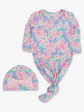 Bamboo-Spandex Bow Blooms Print Ruffle Knotted Sleep Gown & Bow Hat Set Baby Girls