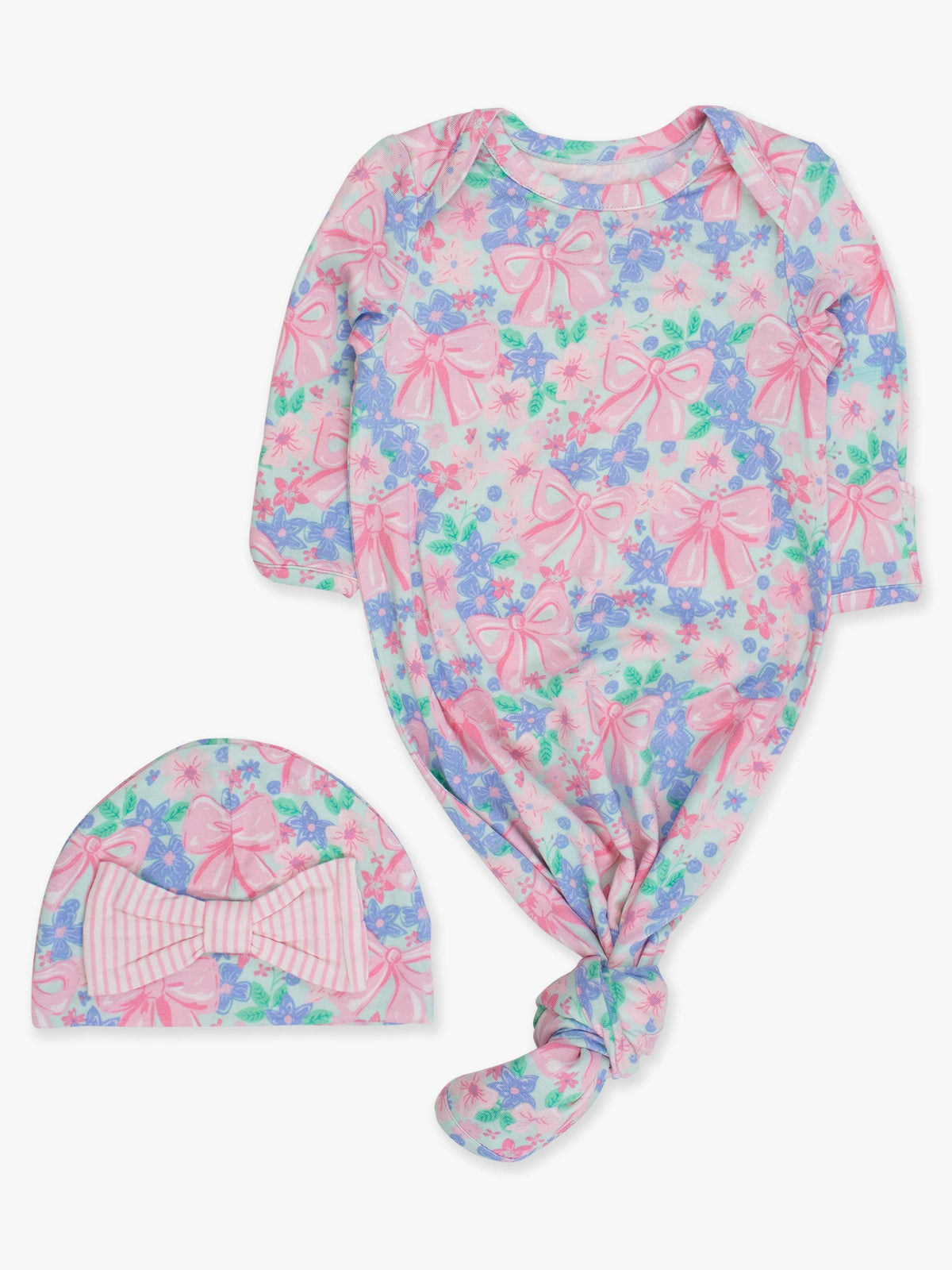 Bamboo-Spandex Bow Blooms Print Ruffle Knotted Sleep Gown & Bow Hat Set Baby Girls