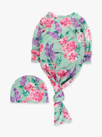 Bamboo-Spandex Sage Garden Floral Ruffle Knotted Sleep Gown & Bow Hat Set Baby Girls