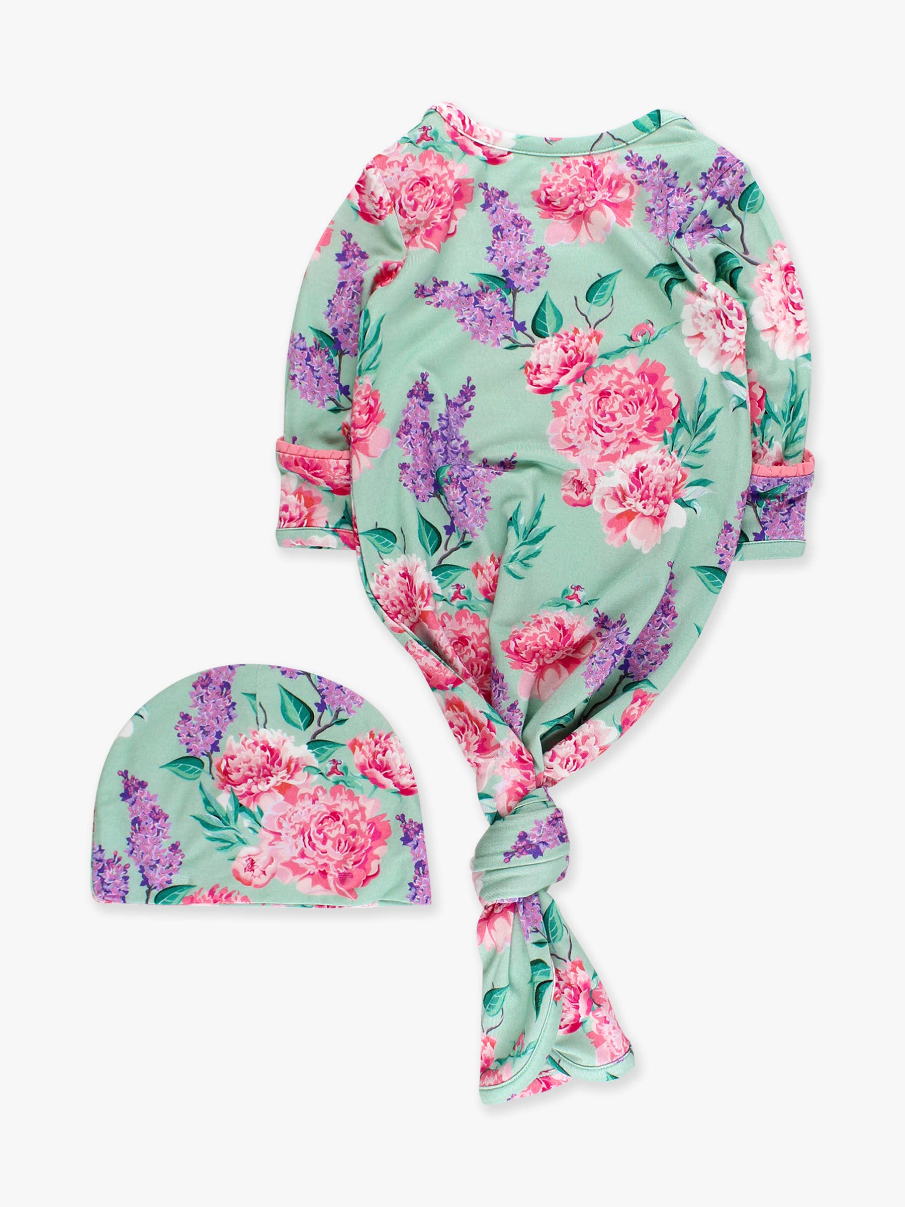 Bamboo-Spandex Sage Garden Floral Ruffle Knotted Sleep Gown & Bow Hat Set Baby Girls