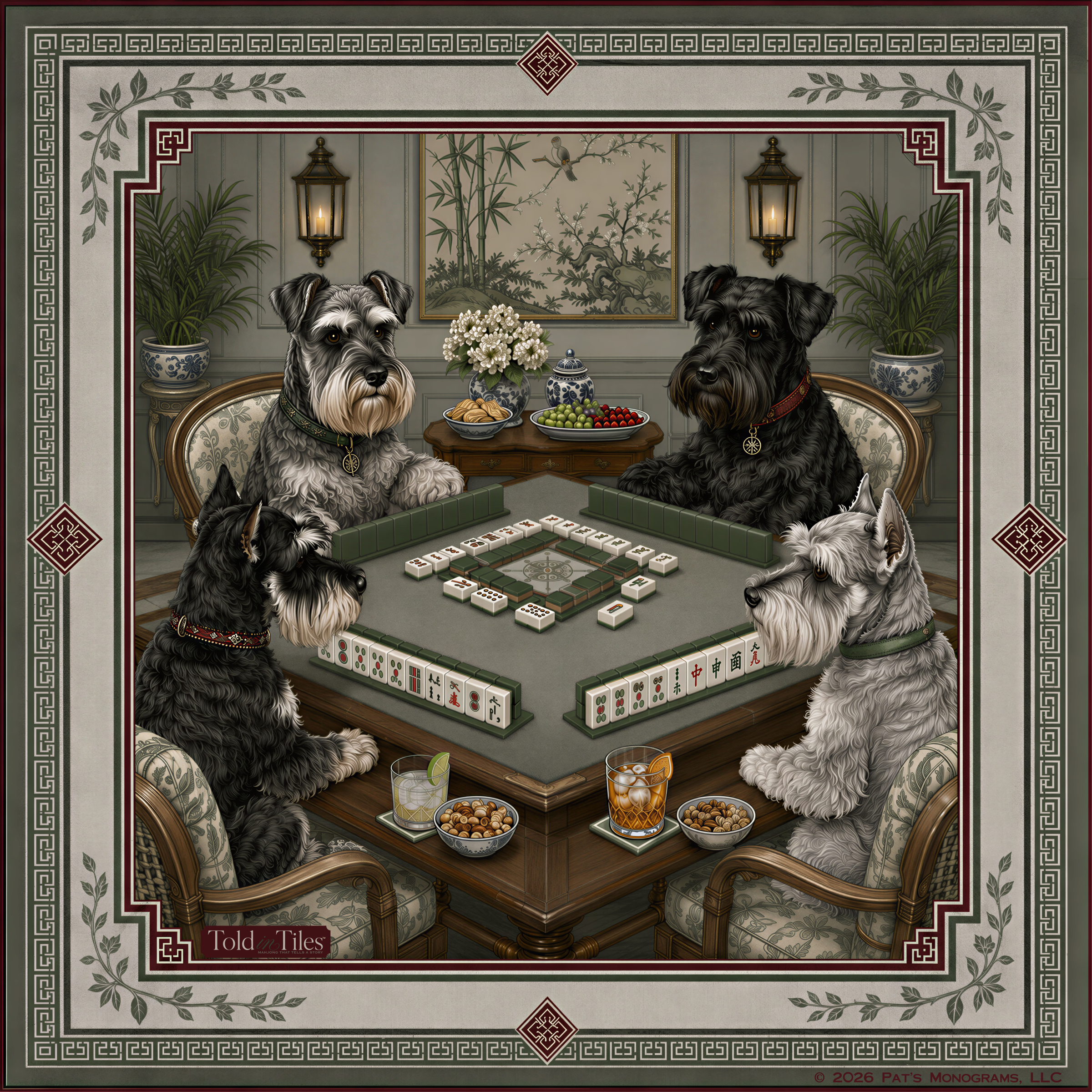 Neoprene Schnauzer Chinoiserie Mahjong Mat 36"×36"