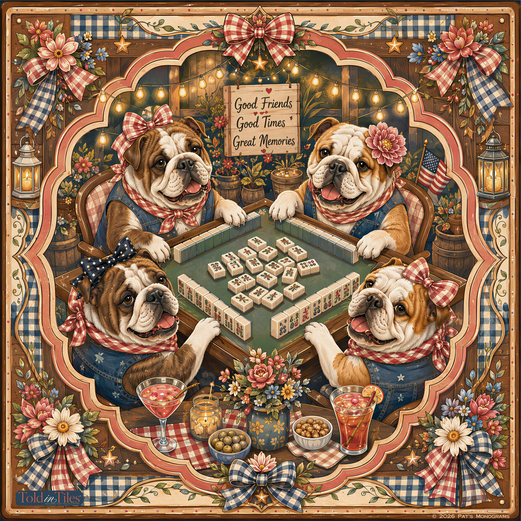 Neoprene English Bulldog Backyard Party Mahjong Mat 36"×36"