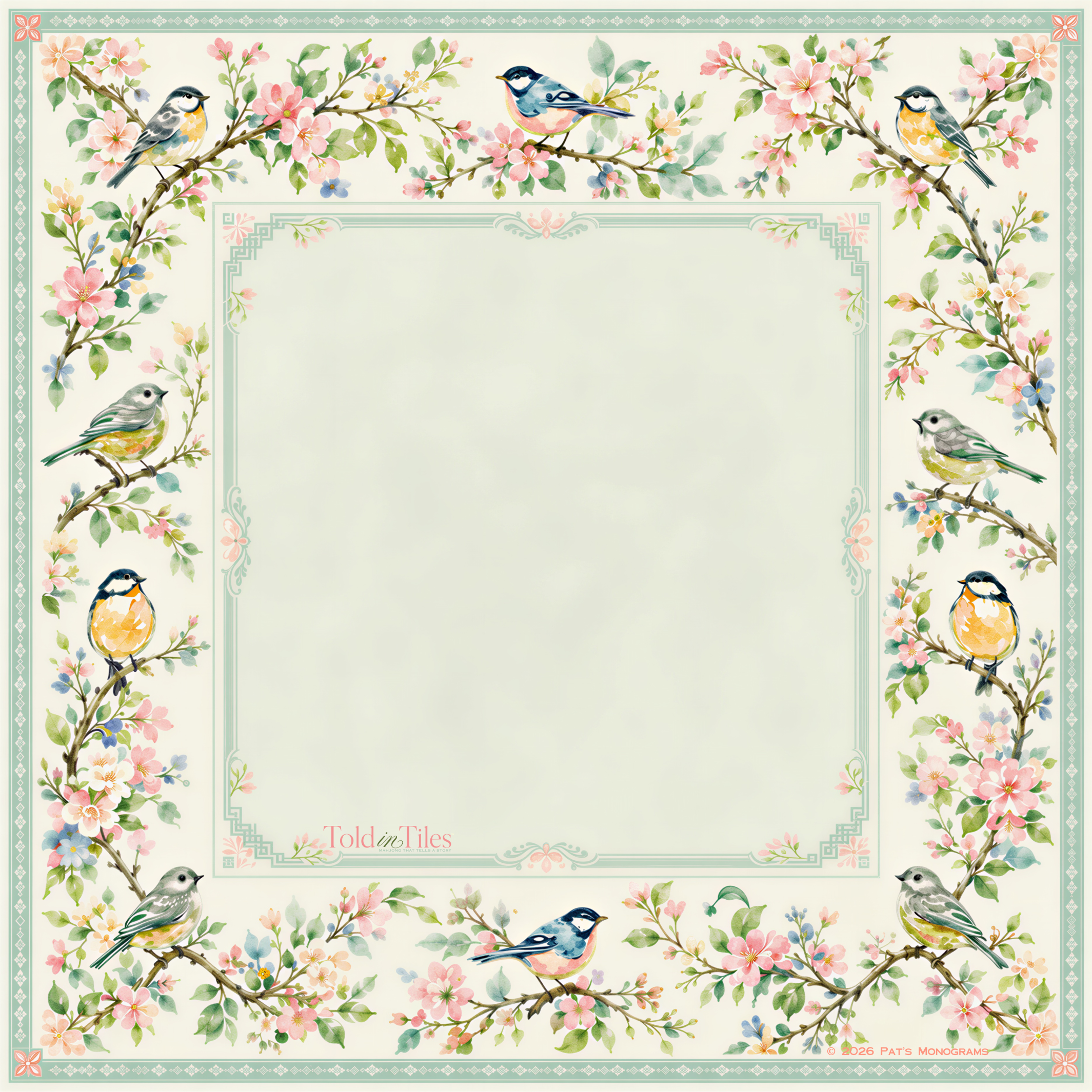 Neoprene Bluebird Botanical Mahjong Mat 36"×36"