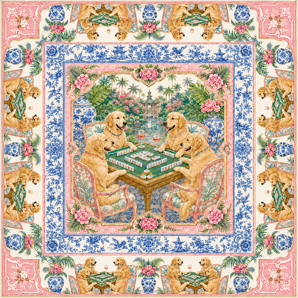 The Golden Standard — Golden Retriever Chinoiserie Mahjong Mat | Paws & Tiles Collection - PREORDER