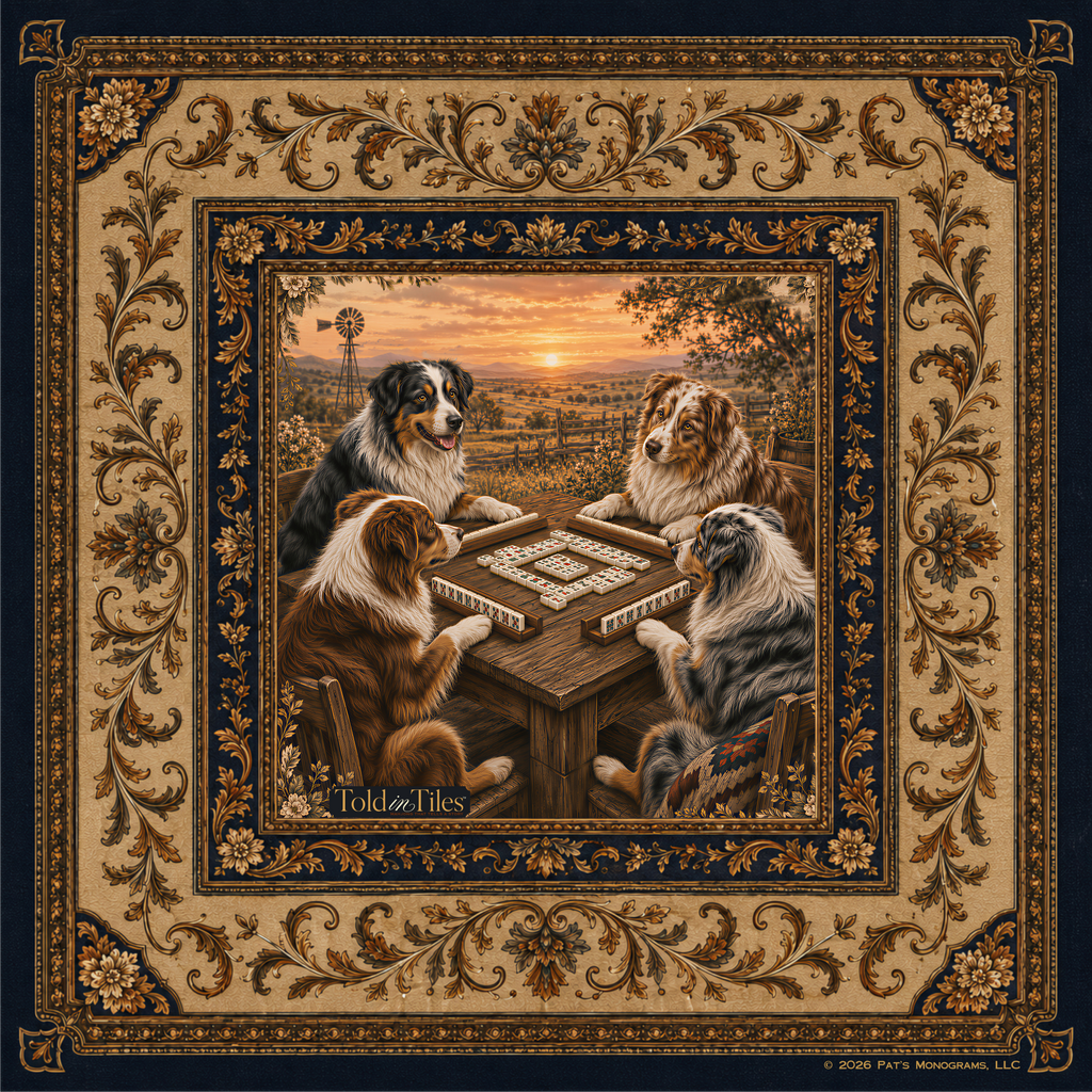 Sundown at The Table — Australian Shepherd Mahjong Mat | Paws & Tiles Collection - PREORDER