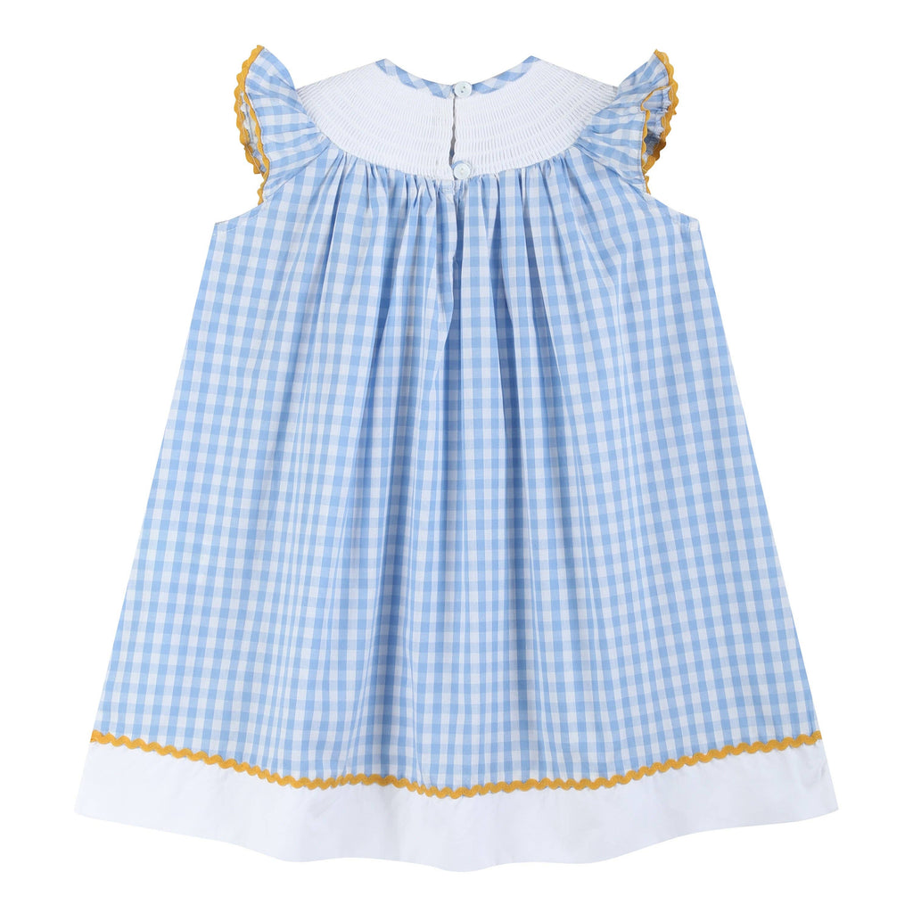 100% Cotton Blue Gingham Sunflower Smocked Bishop Dress