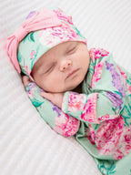 Bamboo-Spandex Sage Garden Floral Ruffle Knotted Sleep Gown & Bow Hat Set Baby Girls