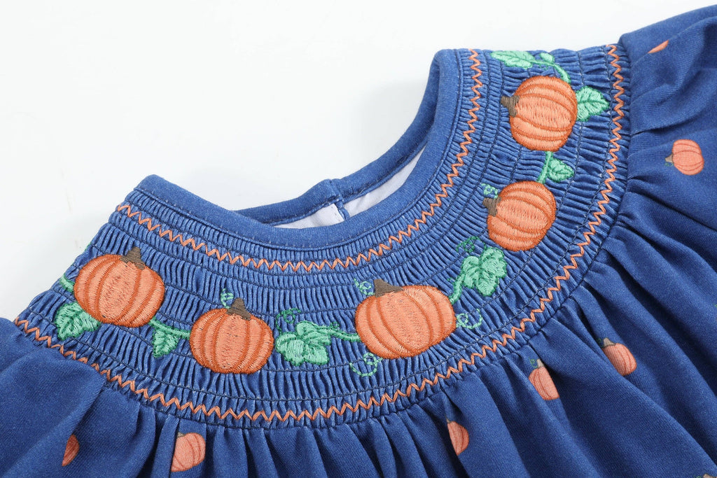 Cotton Knit Blue Pumpkin Smocked Baby Girl Romper