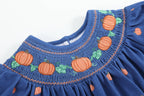 Cotton Knit Blue Pumpkin Smocked Baby Girl Romper