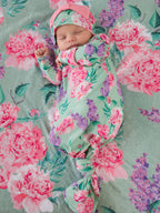 Bamboo-Spandex Sage Garden Floral Ruffle Knotted Sleep Gown & Bow Hat Set Baby Girls