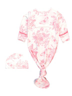 Bamboo-Spandex Pink Butterfly Toile Ruffle Knotted Sleep Gown & Bow Hat Set Baby Girls