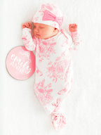 Bamboo-Spandex Pink Butterfly Toile Ruffle Knotted Sleep Gown & Bow Hat Set Baby Girls