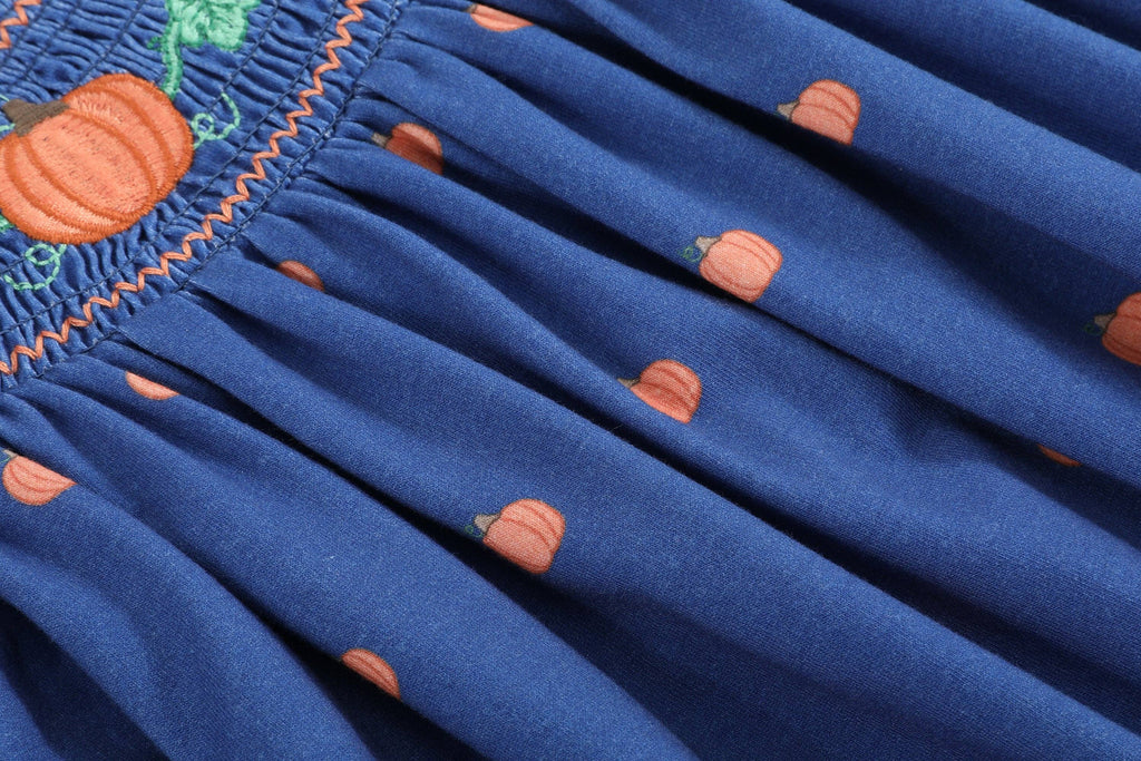 100% Cotton Blue Pumpkin Print Smocked Bishop Dress