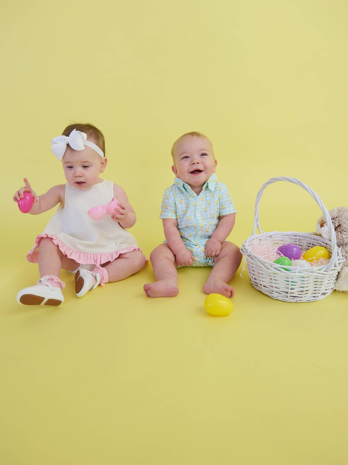 100% Cotton Gauze Blue Gingham Chick Print Button-Up Baby Romper