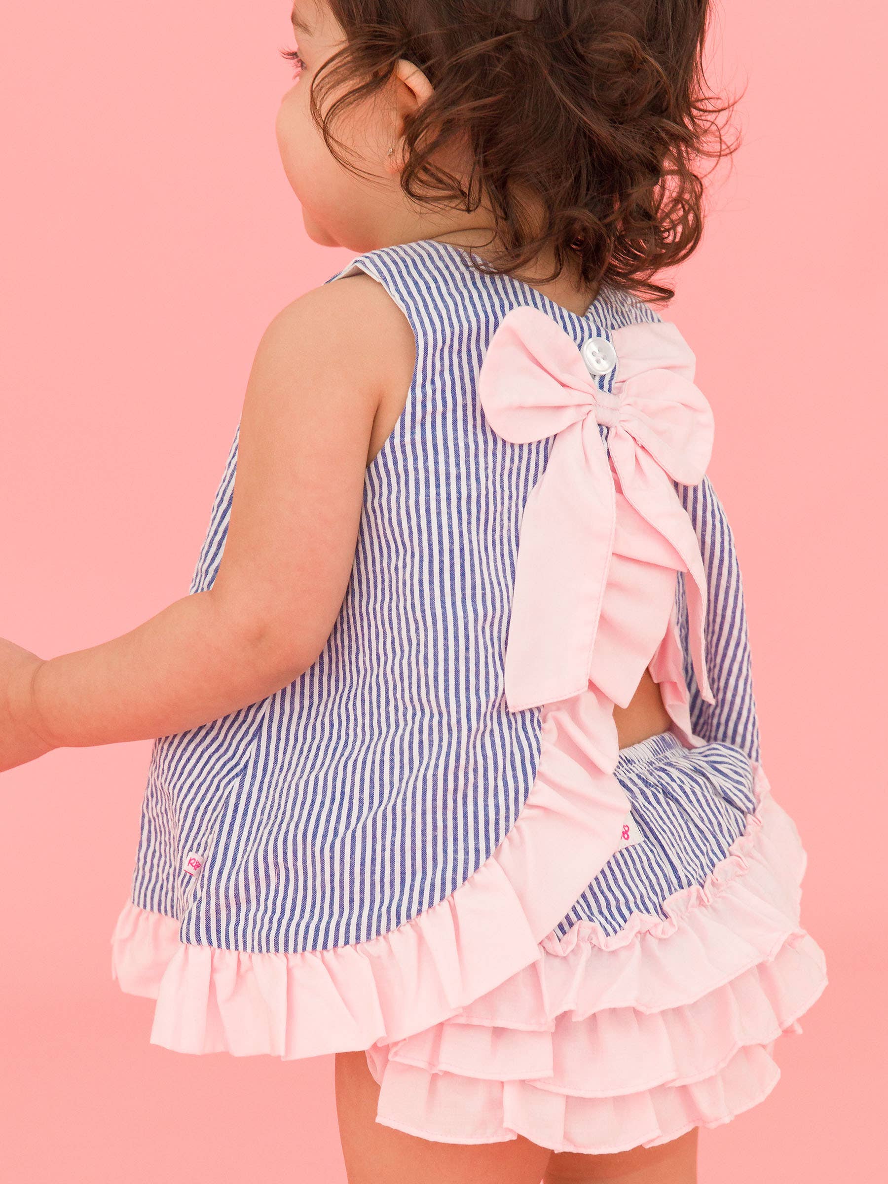 100% Cotton Blue Seersucker Ruffle Swing Top & Bloomer Set