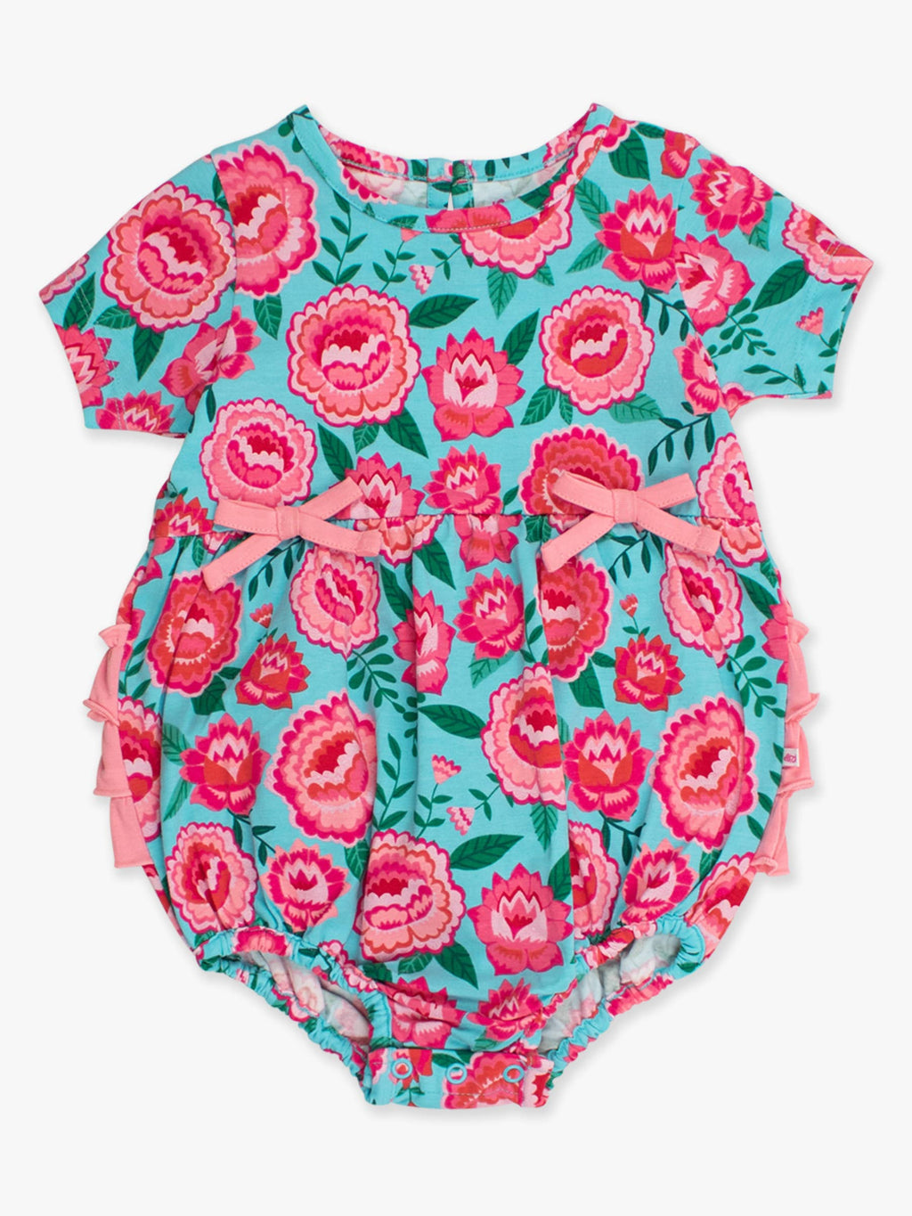 Cotton-Spandex Knit Floral Bubble Romper with Rear Ruffles