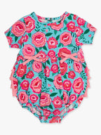 Cotton-Spandex Knit Floral Bubble Romper with Rear Ruffles
