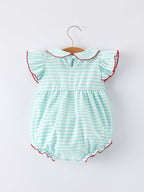 Cotton Blend Striped Baseball Bow Applique Girls Romper