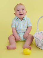 100% Cotton Gauze Blue Gingham Chick Print Button-Up Baby Romper