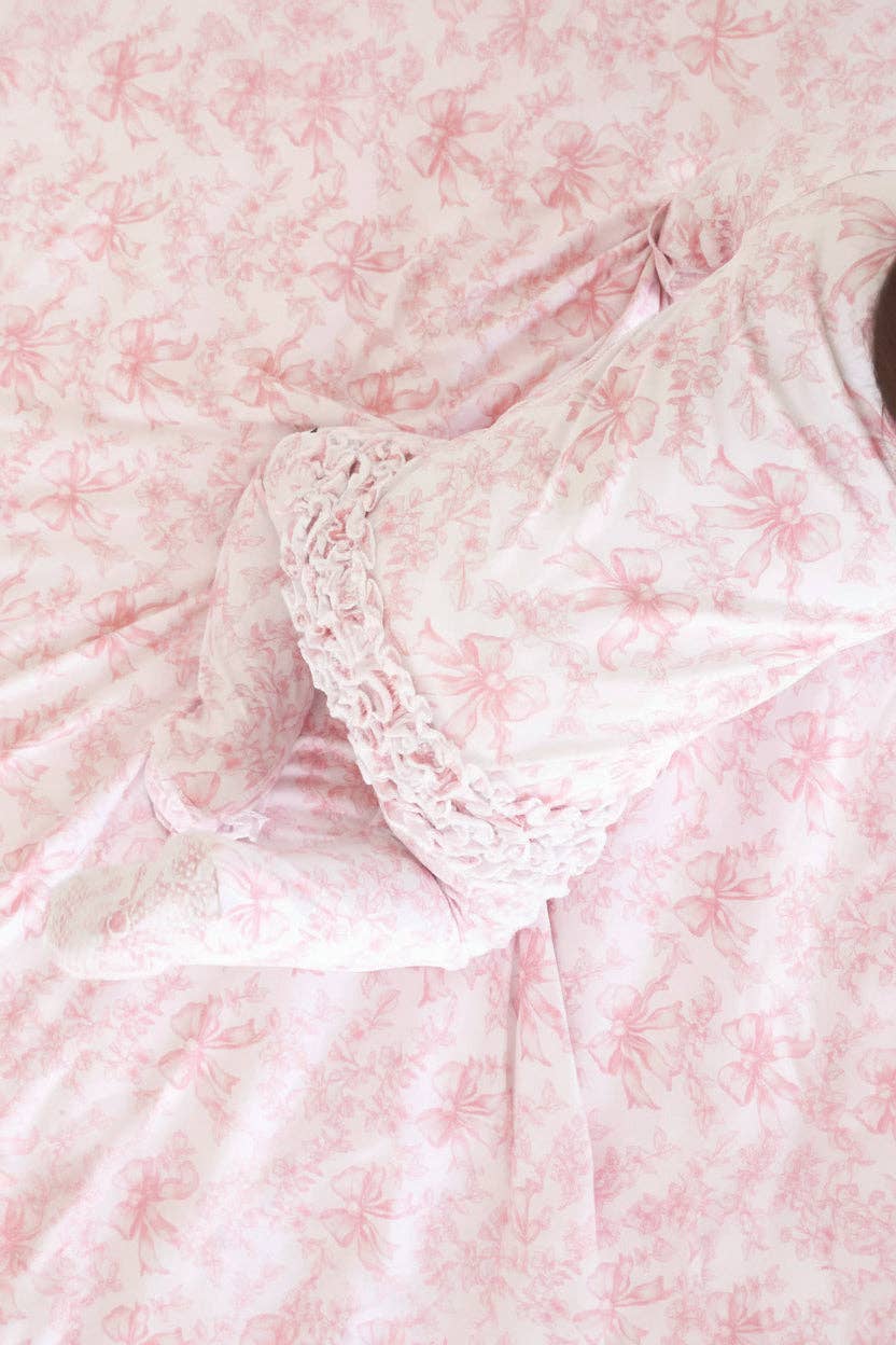Bamboo-Spandex Pink Toile Ruffle Zipper Footie with Grips
