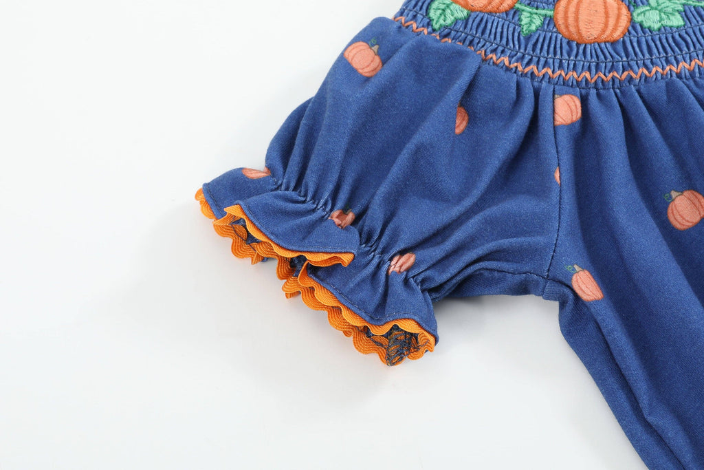 Cotton Knit Blue Pumpkin Smocked Baby Girl Romper