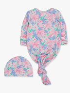 Bamboo-Spandex Bow Blooms Print Ruffle Knotted Sleep Gown & Bow Hat Set Baby Girls